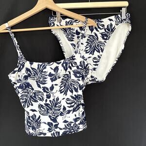 Nautica tankini swim set white and navy blue leaves nylon women's size 14